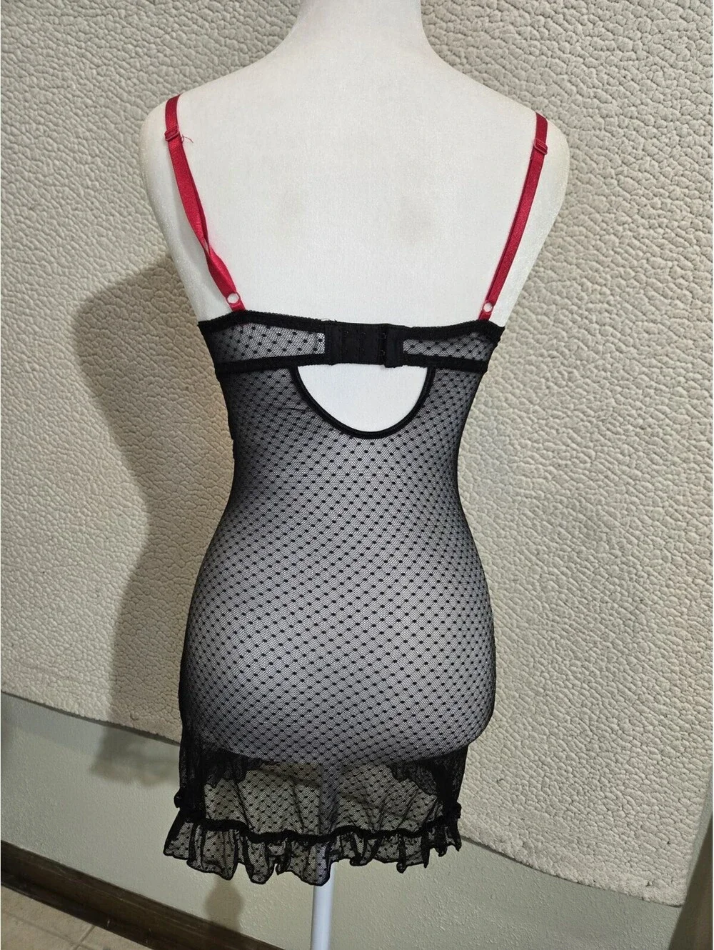 fredericks of hollywood lace Corset Bodysuit Mesh Black/red Trim Vtg 90sY2k Sm
